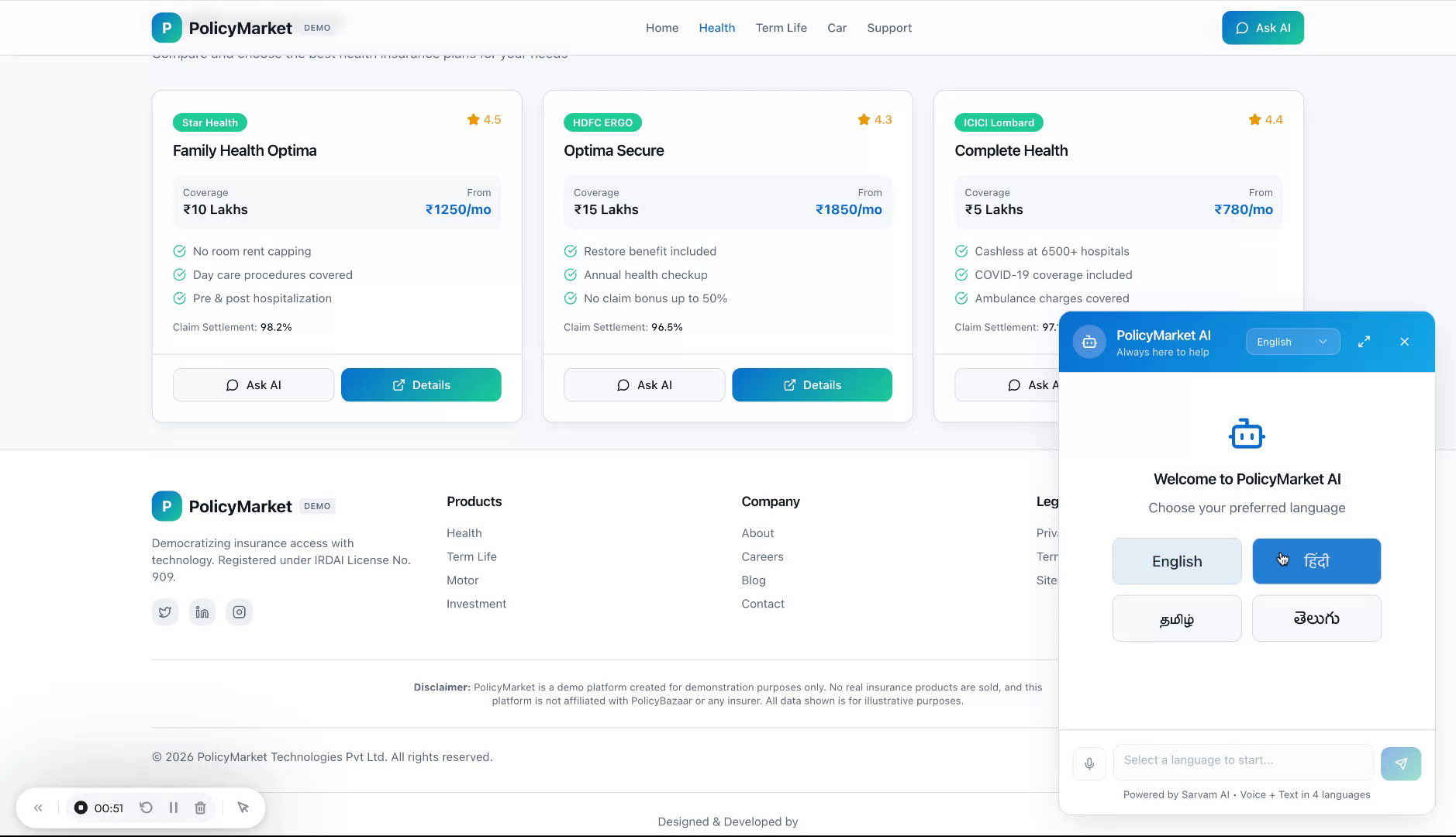 PolicyMarket AI chatbot interface showing structured responses with citations