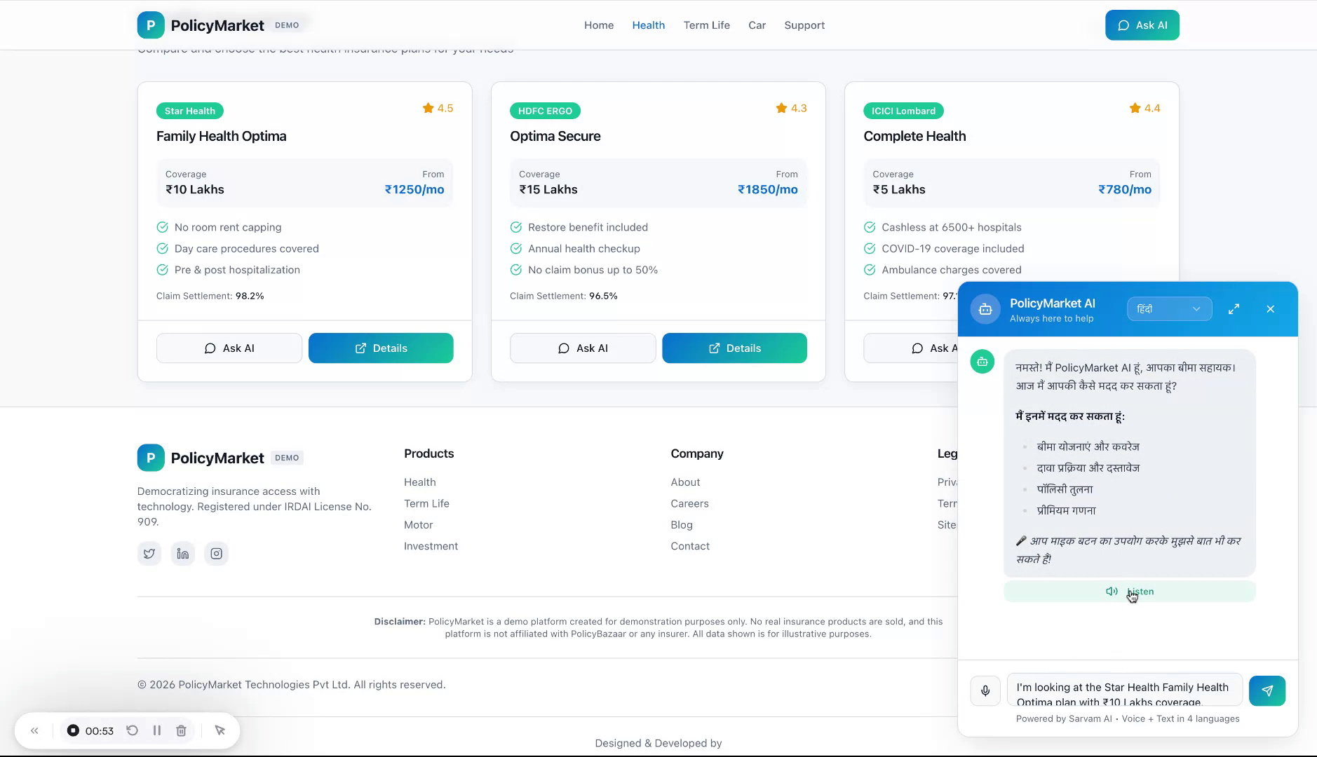 PolicyMarket voice AI interface with multilingual support